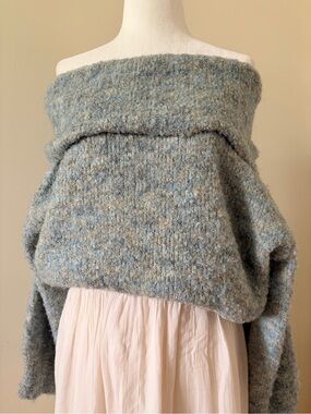 Chunky Knit Off-Shoulder Blue Heather Sweater
